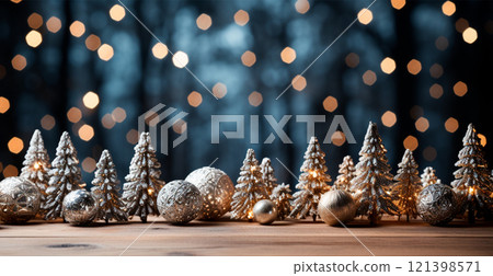 Panoramic Christmas background, bright beautiful New Year's balls on a blurred background - AI generated image 121398571