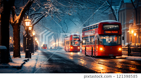 Night snowy Christmas German city Berlin, New Year holiday, blurred background - AI generated image 121398585