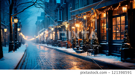 Night snowy Christmas American city Boston, New Year holiday, blurred background - AI generated image Night snowy Christmas American city Boston, New Year holiday, blurred background - AI generated image 121398591