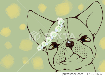Spring postcard with a tongue-out French bulldog 121398632