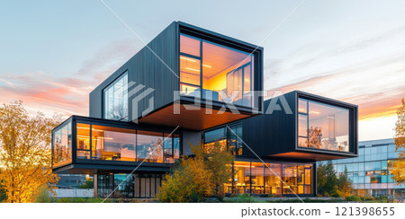 Modern modular office units with large windows and vibrant sunset Modern modular office units with large windows and vibrant sunset 121398655