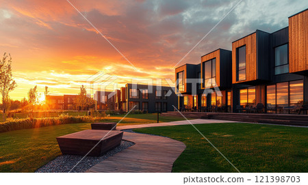 Luxurious modular hotel with sunset view and modern architecture 121398703
