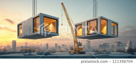 Modular residential project with eco friendly design and urban skyline 121398704