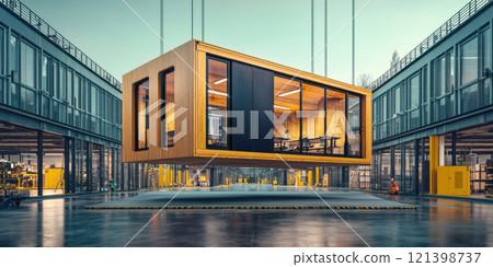 Prefab modular office unit being installed in modern industrial space 121398737