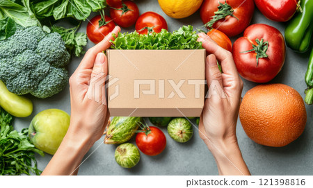 Fresh vegetables and biodegradable packaging held in hands 121398816