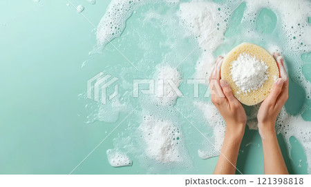 close up of hands holding sponge with baking soda, scrubbing sink 121398818
