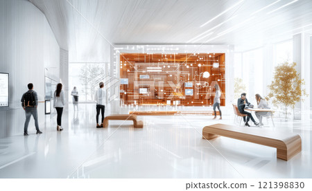 modern collaborative workspace with diverse employees engaging in teamwork 121398830