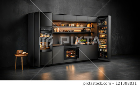 Modern kitchen with smart storage, muted gray tones, and sleek design Modern kitchen with smart storage, muted gray tones, and sleek design 121398831