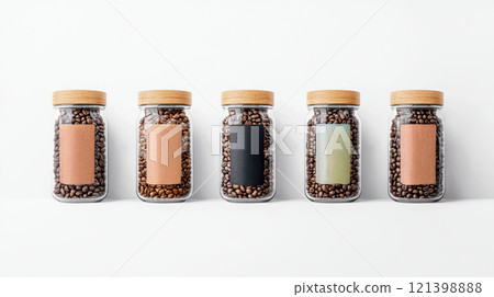 Eco friendly transparent coffee jars with wooden lids and labels 121398888