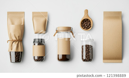 Eco friendly coffee packaging in various shapes and sizes, showcasing sustainability 121398889