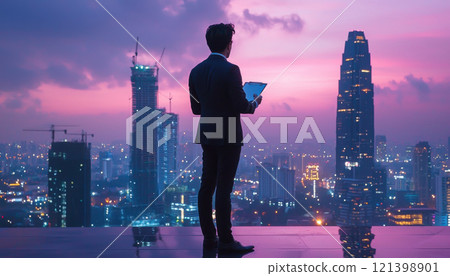 Businessman surveys vibrant city skyline at sunset, reflecting on progress 121398901