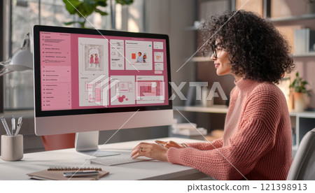 woman working on collaborative project management dashboard in modern office 121398913