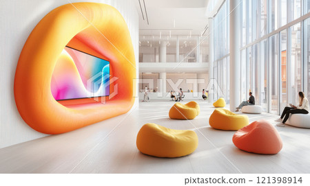 Modern collaborative office with vibrant seating and large screen 121398914