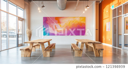 vibrant coworking hub featuring large community tables and bold art 121398939