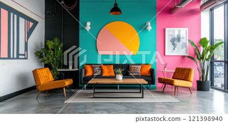 vibrant coworking hub featuring bold art, community tables, and stylish seating vibrant coworking hub featuring bold art, community tables, and stylish seating 121398940