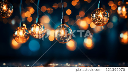 Festive bright colored Christmas garland on blurred bokeh background, New Year banner - AI generated image 121399070