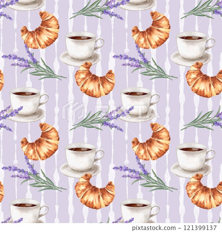 Seamless breakfast pattern. Cup of coffee, croissants and lavender. Hand-drawn background. 121399137