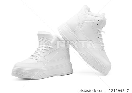 warm winter women's white boots shoe isolated on white warm winter women's white boots shoe isolated on white 121399247