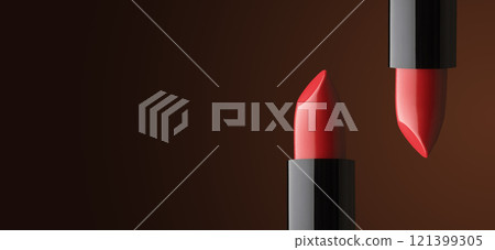 two beautiful red lipsticks in a black case on a dark background 121399305