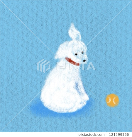 White dog playing with a crayon-drawn ball 121399366