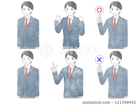 Watercolor illustration of a male student in uniform, set of different poses 121399458
