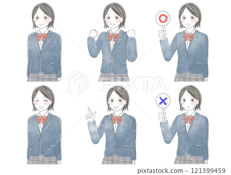 穿著制服、不同姿勢的女學生的水彩風格插圖 121399459