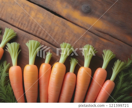 Organic carrots on a rustic wooden table background. AI Generated. Organic carrots on a rustic wooden table background. AI Generated. 121399721