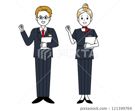 男性和女性銷售人員為客戶服務的插圖 男性和女性銷售人員為客戶服務的插圖 121399769