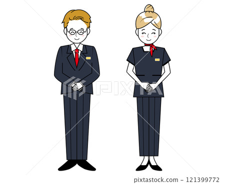 Illustration of male and female sales staff serving customers 121399772