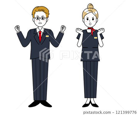 Illustration of male and female sales staff serving customers 121399776