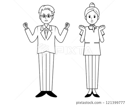 Illustration of male and female sales staff serving customers 121399777