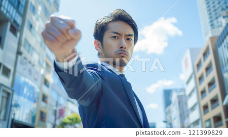 一個穿著西裝的商人在城裡揮舞著拳頭 一個穿著西裝的商人在城裡揮舞著拳頭 121399829