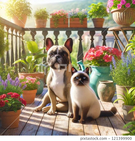 French bulldog and cat staring at the camera 121399900