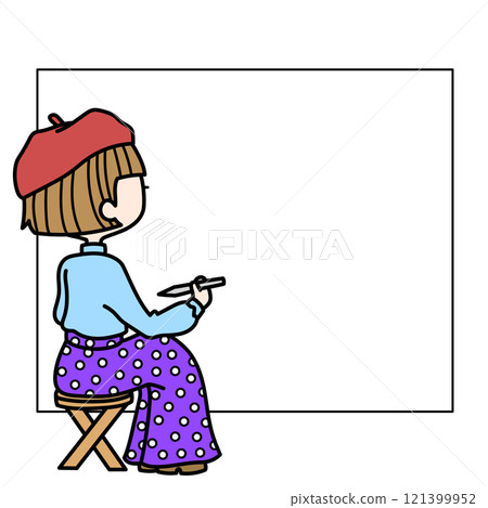 A woman in a red beret sitting in front of a large canvas A woman in a red beret sitting in front of a large canvas 121399952