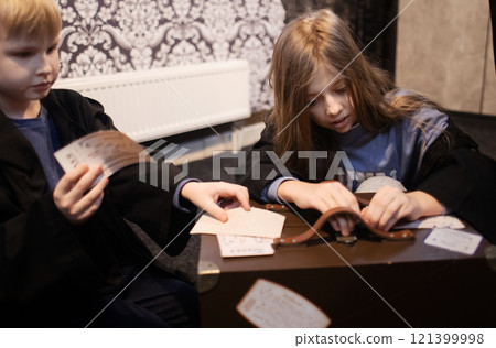 Kids go through tasks in the quest room and look for keys. Adventures of friends in a magical labyrinth, logic tests Kids go through tasks in the quest room and look for keys. Adventures of friends in a magical labyrinth, logic tests 121399998