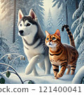 Siberian husky and cat walking in a snowy forest 121400041