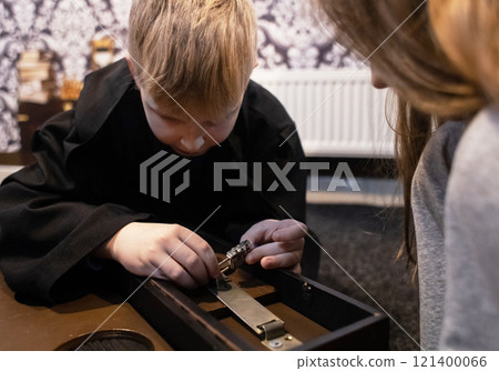 Kids go through tasks in the quest room and look for keys. Adventures of friends in a magical labyrinth, logic tests 121400066
