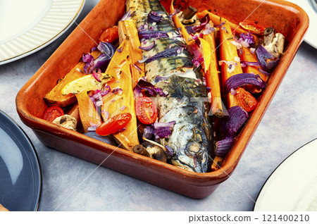 Baked Mackerel with Roasted Vegetables Baked Mackerel with Roasted Vegetables 121400210