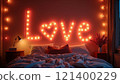 Romantic bedroom with glowing love sign and cozy lighting 121400229