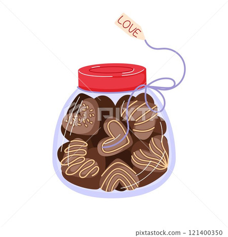 Jar filled with heart shaped chocolate in cartoon style. Perfect for Valentines Day, romance themed project or bakery. Isolated on white background. 121400350