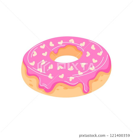 Pink frosted donut with heart shaped sprinkles in cartoon style. A delicious and decorative dessert for Valentine Day, romantic theme and sweet celebration. 121400359