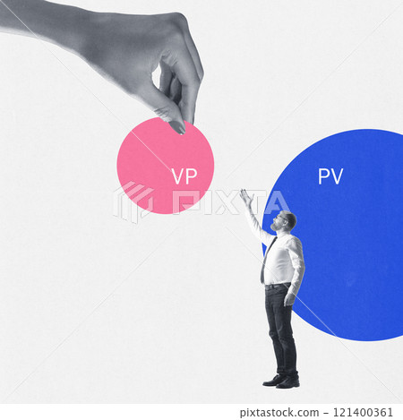Cotemporary art collage. Person gesturing toward circles symbolizing company value propositions driving market competitiveness and customer appeal. 121400361