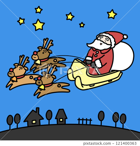 Santa Claus flying through the night sky on a reindeer sleigh 121400363