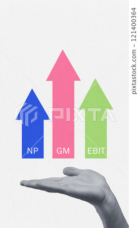 Cotemporary art collage. Hand holding upward arrows representing net profit, gross margin, and EBIT as indicators of business success. 121400364