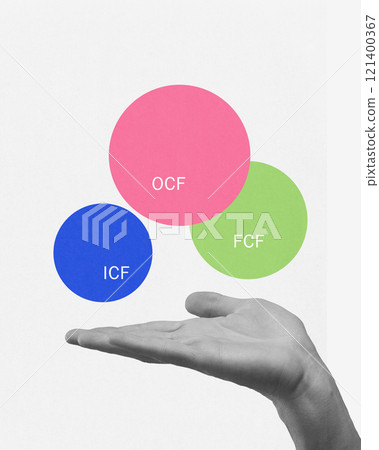 Cotemporary art collage. Carts on hand showcasing operating, investing, and financing cash flows critical for business liquidity and sustainability. 121400367