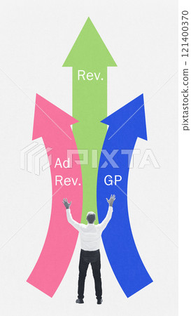 Cotemporary art collage. Revenue streams. Arrows pointing upward representing various income sources, such as sales, ads, and partnerships. Cotemporary art collage. Revenue streams. Arrows pointing upward representing various income sources, such as sales, ads, and partnerships. 121400370