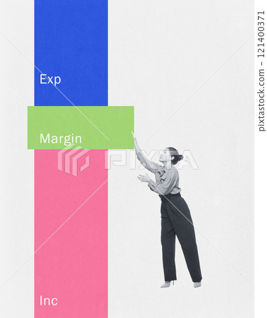 Cotemporary art collage. Person reaching for section between cost and revenue bars, highlighting profit margin importance in business growth. 121400371