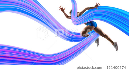 Poster. Contemporary art collage. Sprinter leaping forward with colorful trails, capturing speed, energy, and spirit of athletic excellence. 121400374