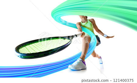 Poster. Contemporary art collage. Tennis player performing a powerful swing with glowing trails, representing agility, focus, and intensity in championship play. 121400375