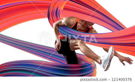 Poster. Contemporary art collage. Athlete in dynamic running motion with colorful trails, symbolizing power, determination, and relentless pursuit of victory. 121400376